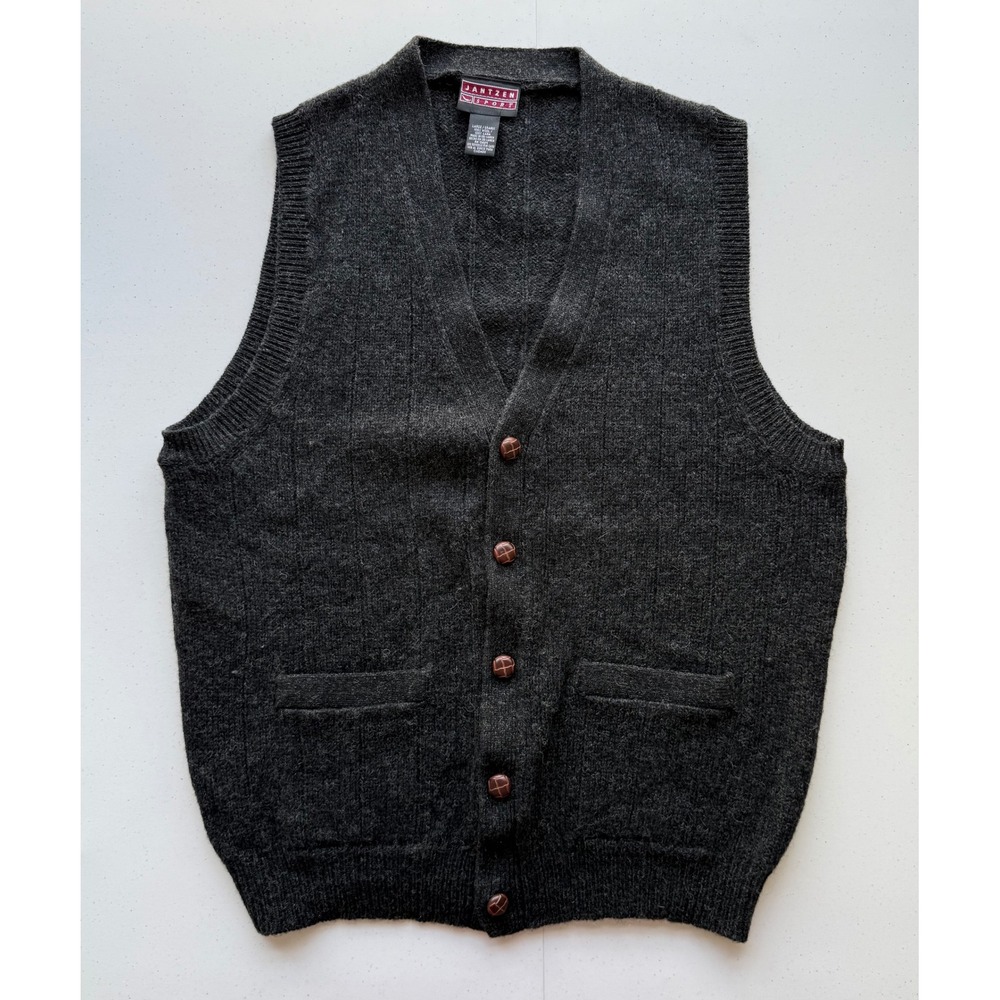 Vintage Jantzen Sport Mens Grey 100% Wool V-Neck Button Front Vest Sweater Large